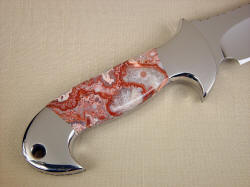 "Cygnus-Horrocks" reverse side handle detail. Front bolster is smooth, polished, and rounded, rear bolster has through-tang lanyard hole for security when needed
